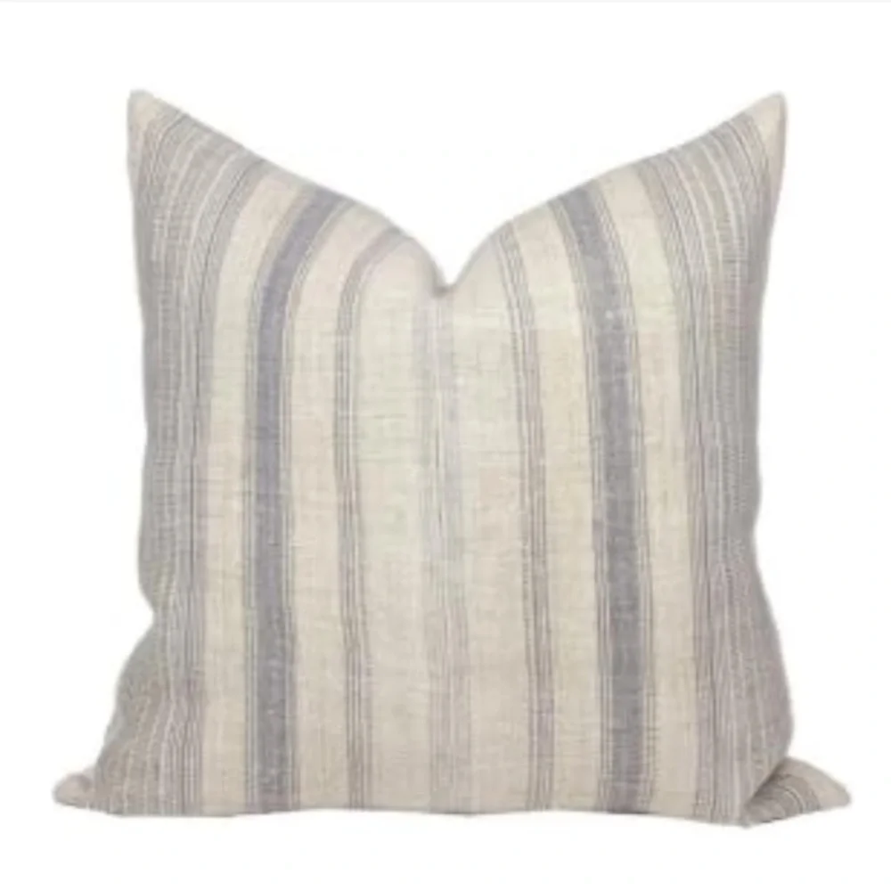 Farmhouse Boho Stripe Beige Gray Linen Pillow Covers SQUARE 24x24” (2-pack)